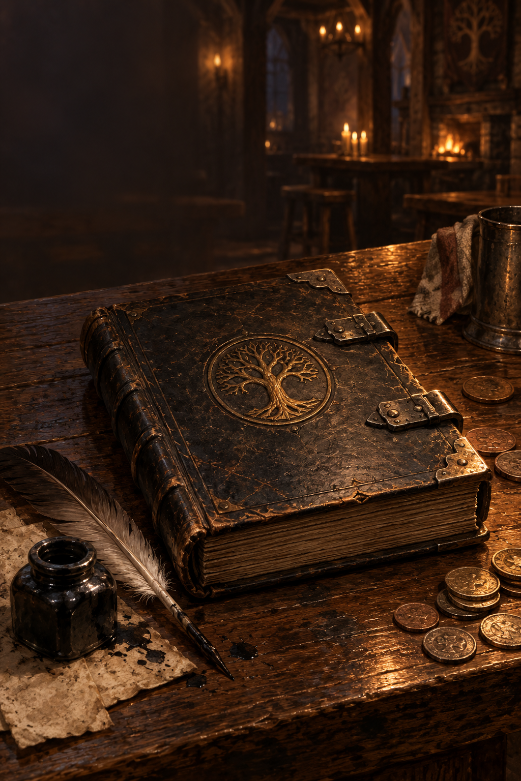 Bram's worn leather Ledger on the tavern counter beside a quill, ink and coins